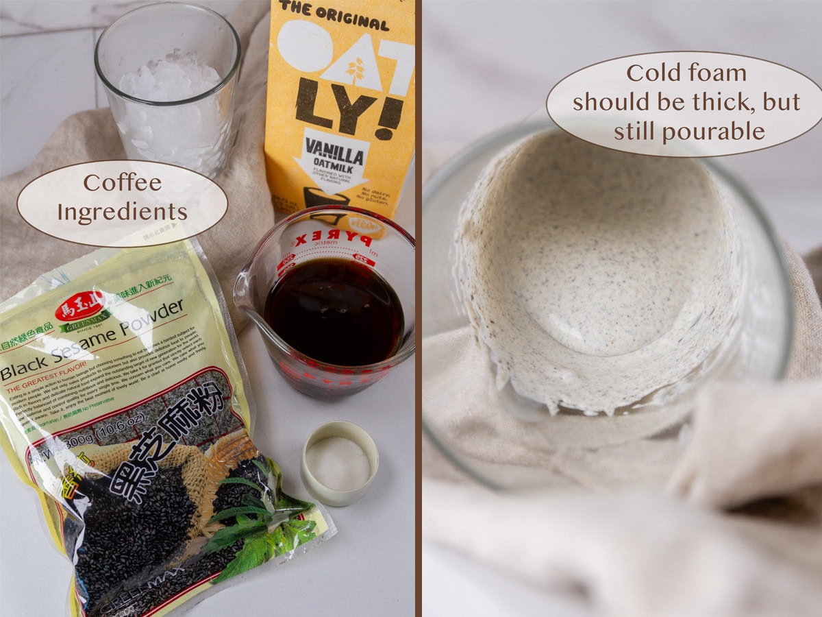 ingredients to make cold foam on the left and the black sesame cold foam on the right.