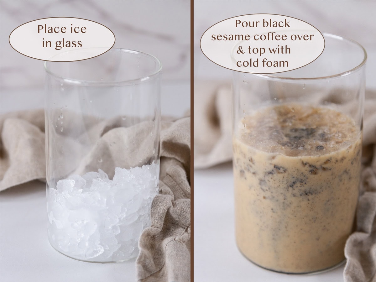 a glass of ice on the left and with the latte poured over the ice on right.