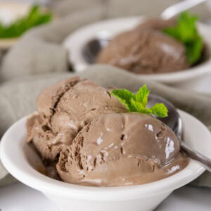 square crop of two dishes of ice cream garnished with fresh mint.