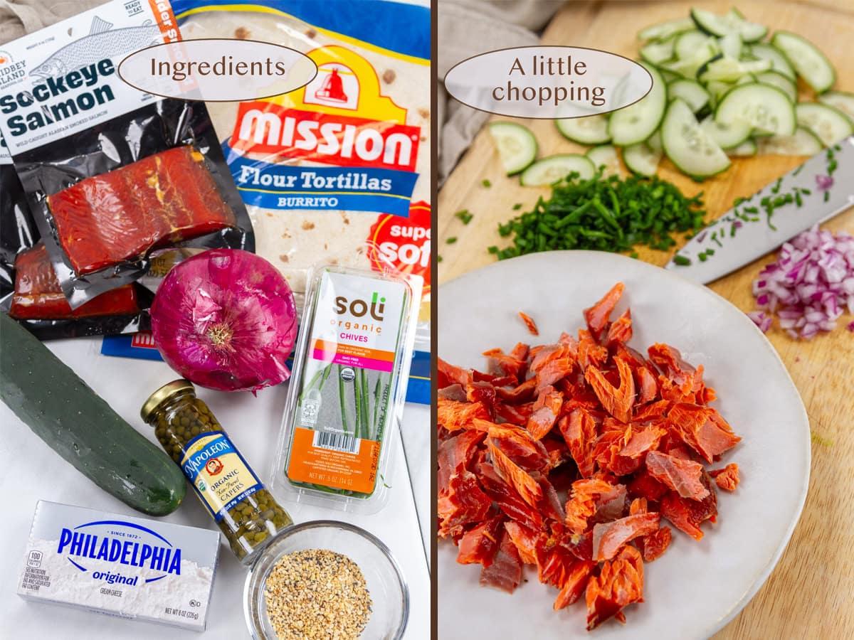 ingredients on left and chopped up on right.