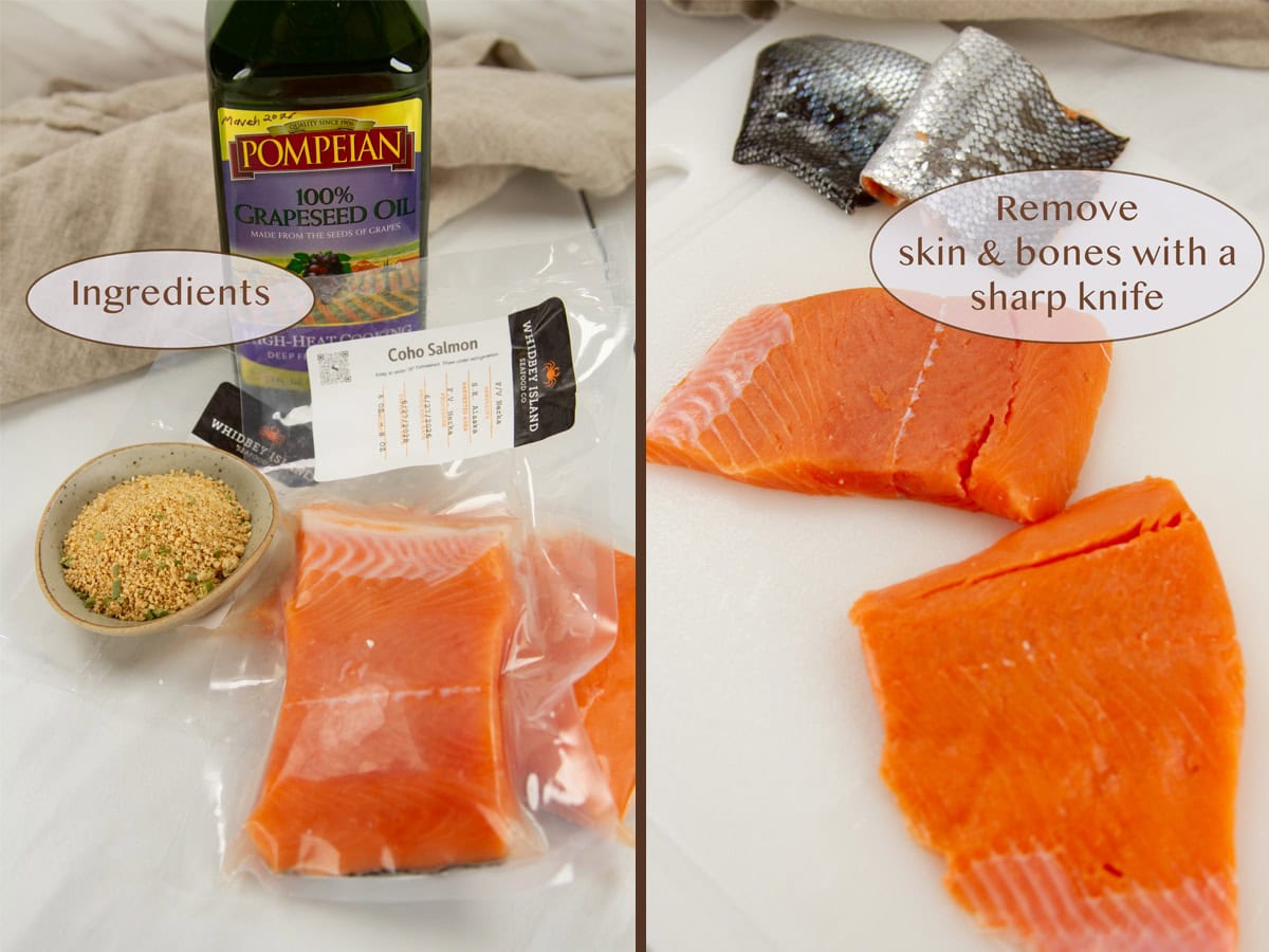 ingredients on left and skin removed from salmon on right.