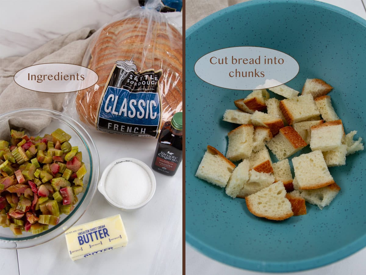ingredients on left and chopped bread in a blue bowl on right.