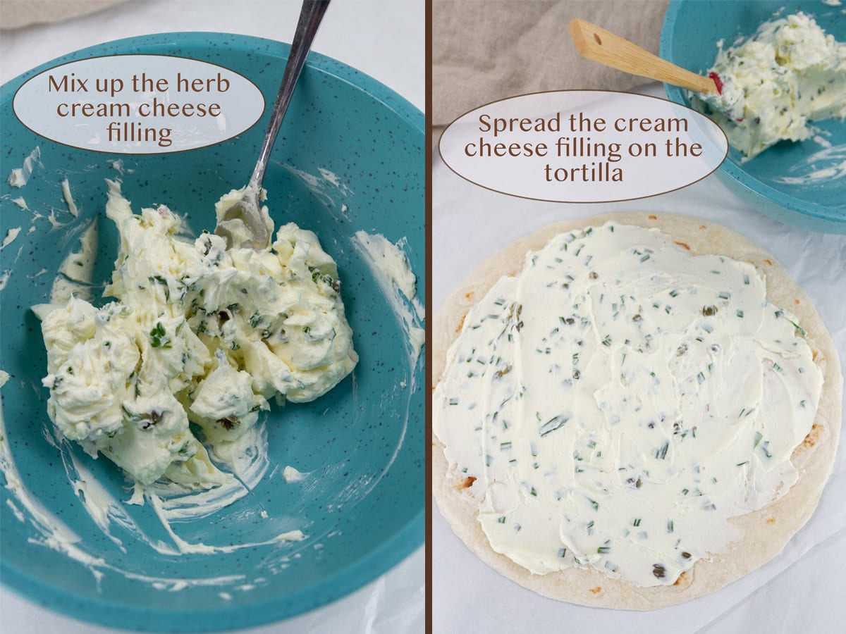 mixing the cream cheese and herbs on left and spreading it on the tortilla on right.