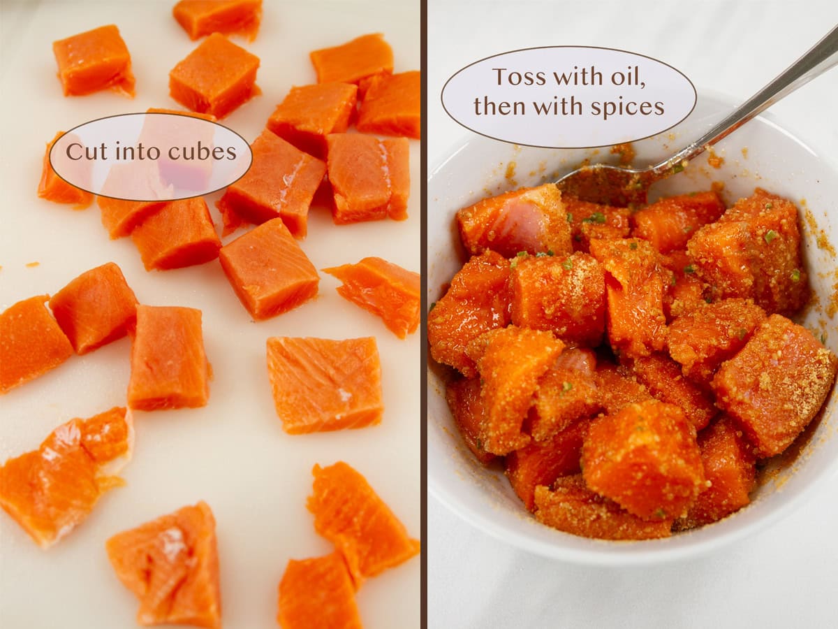 raw salmon cut into cubes on left and in a small bowl with spices on right.