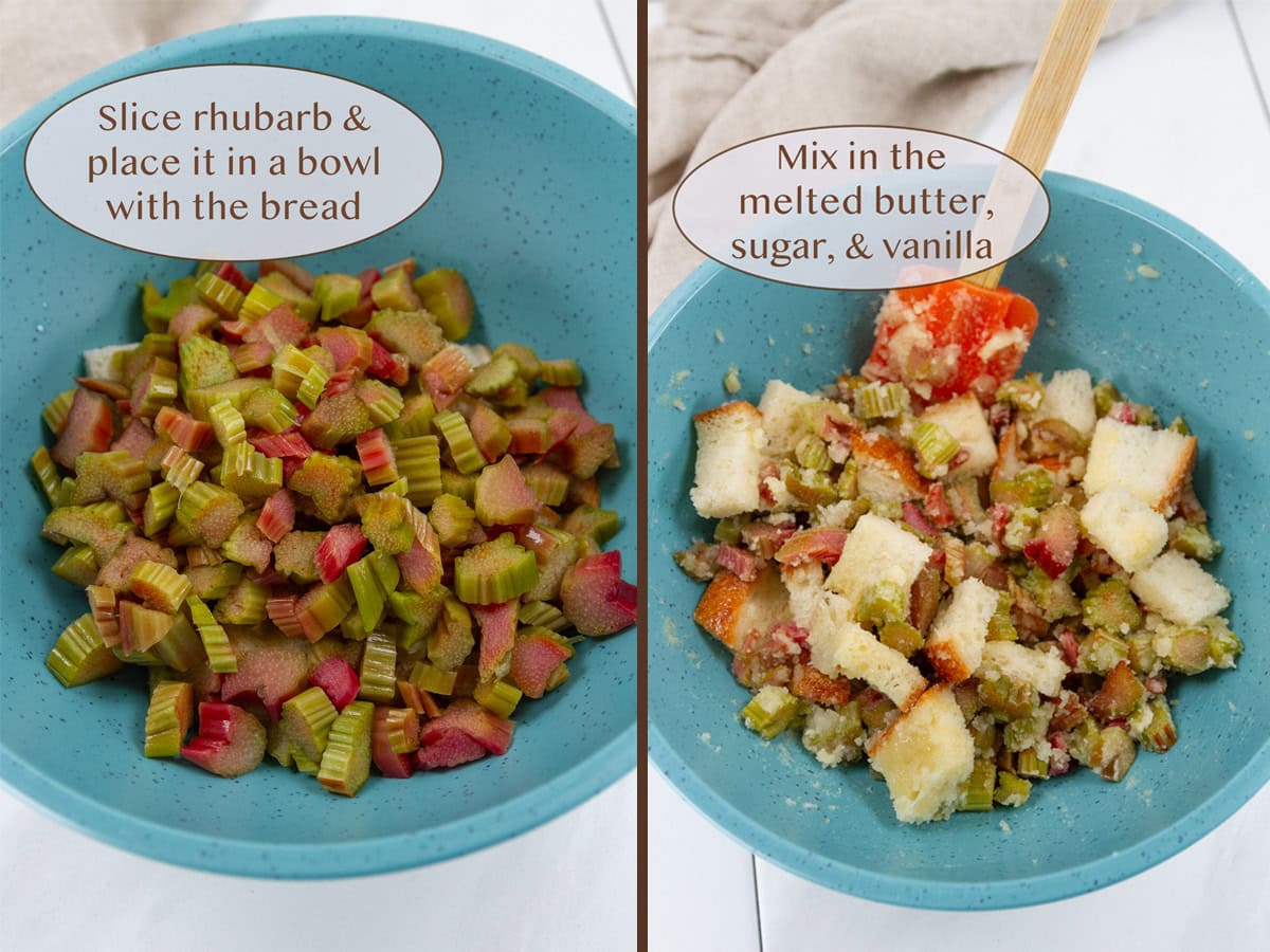 chopped rhubarb on left and dessert mixed together on right.