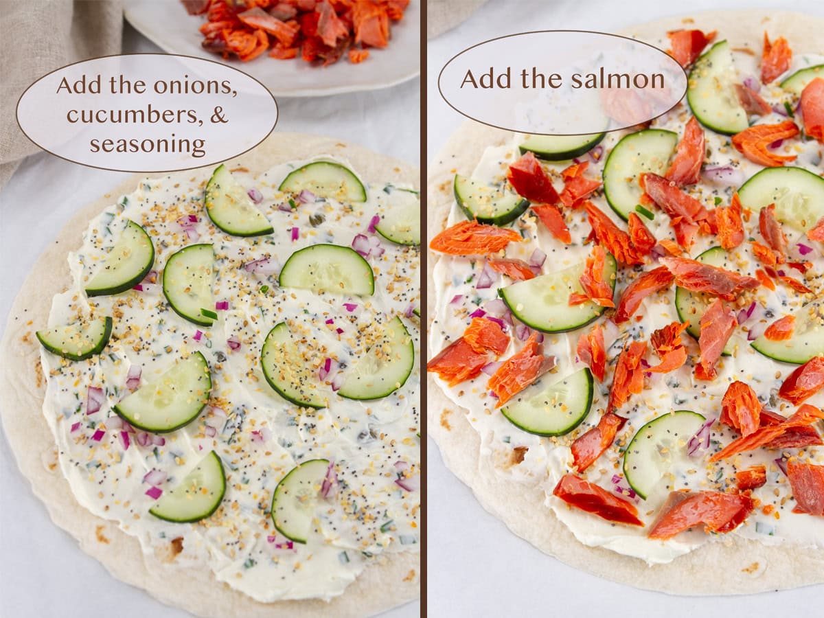 topping the tortilla with veggies on left and salmon on right.