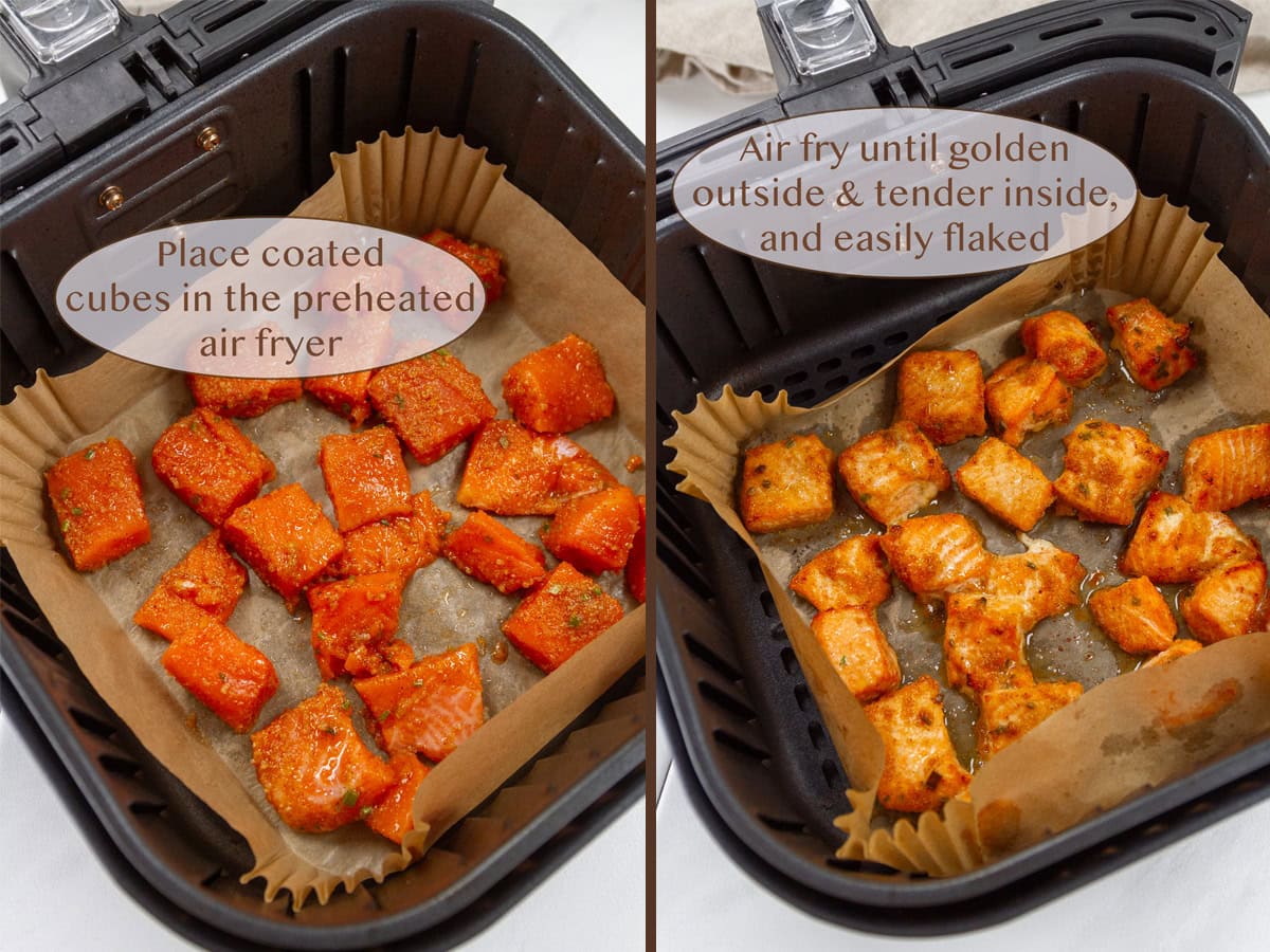 raw salmon in the basket of an air fryer on left and cooked on right.