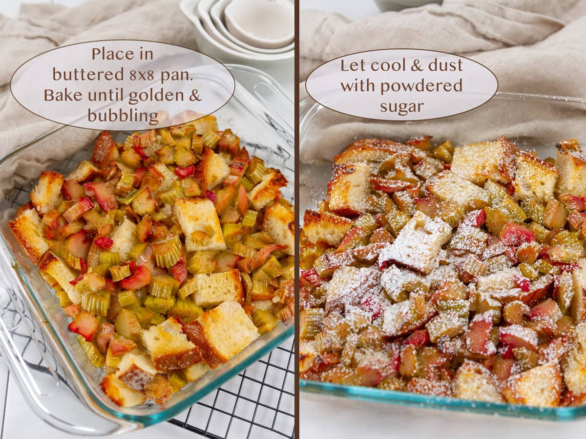 the dessert in a pan and baked on left and with powdered sugar on right.