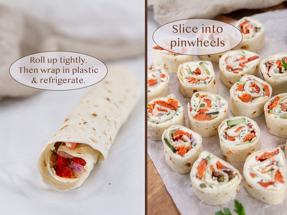 the filled tortilla rolled into a log on left and sliced into pinwheels on right.