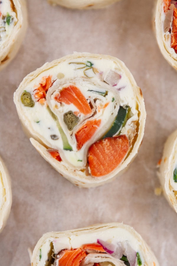 close up on a smoked salmon appetizer with cream cheese.