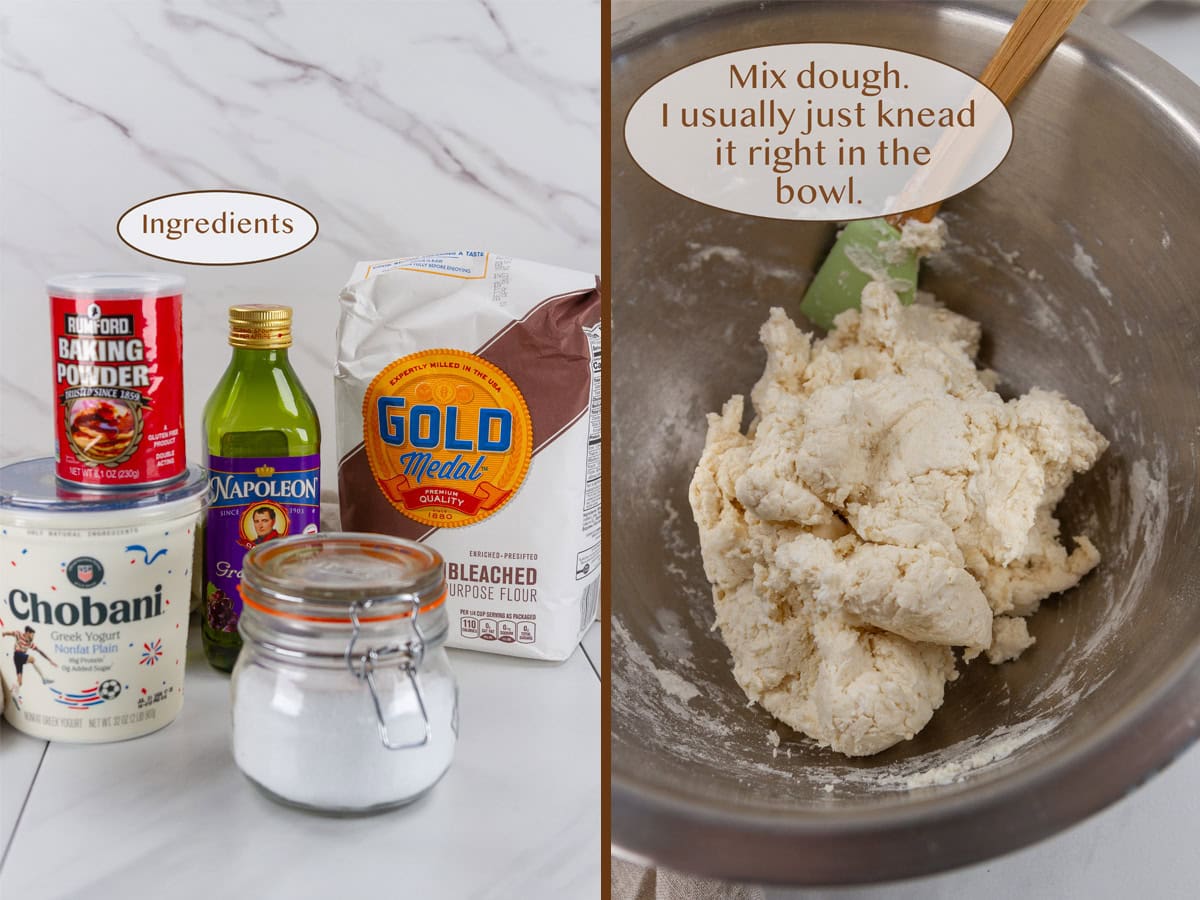 ingredients on left and mixed dough in a mixing bowl on right.