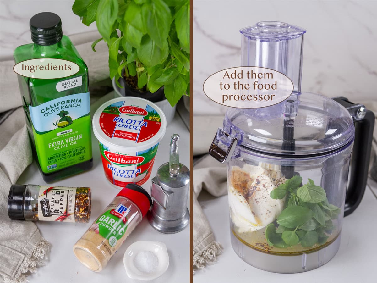 ingredients on left and in a food processor on right.