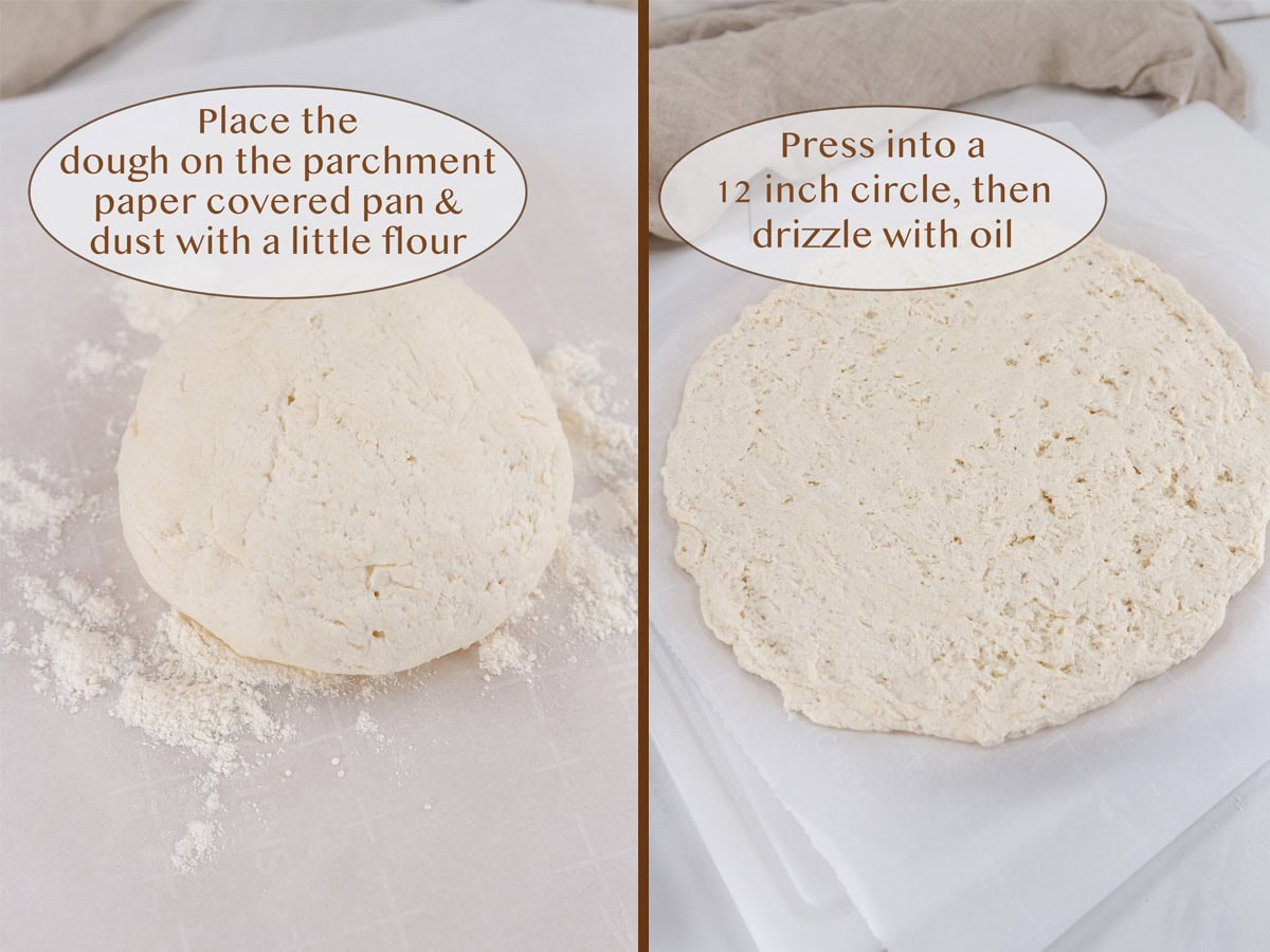 a dough ball on left and smoothed into a pizza shape on right.