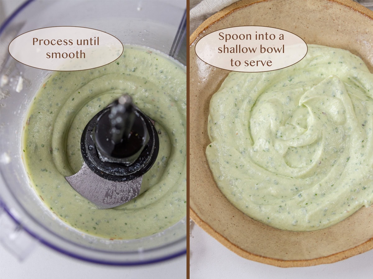 whipped ricotta in a food processor on left, and in a bowl on right.