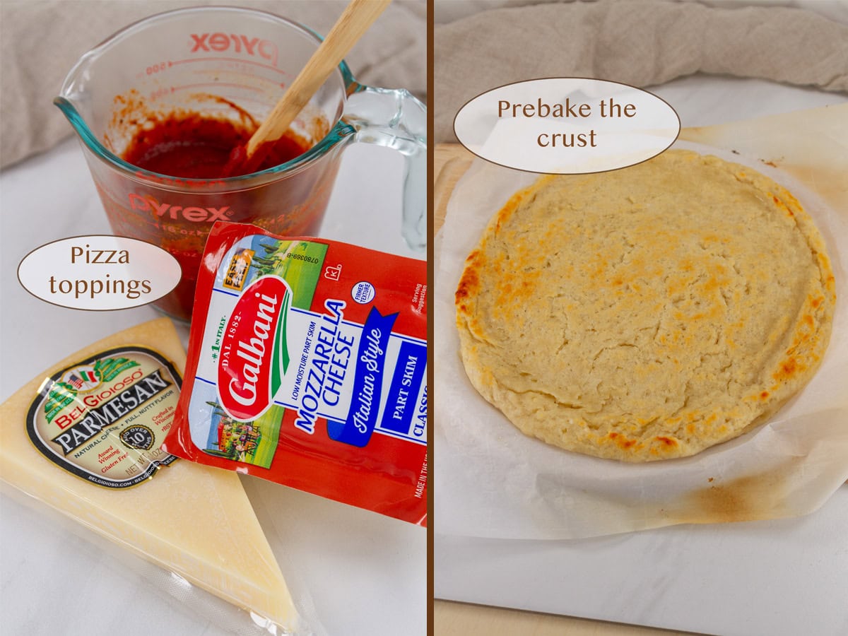 ingredients for pizza on left and prebaked dough on right.