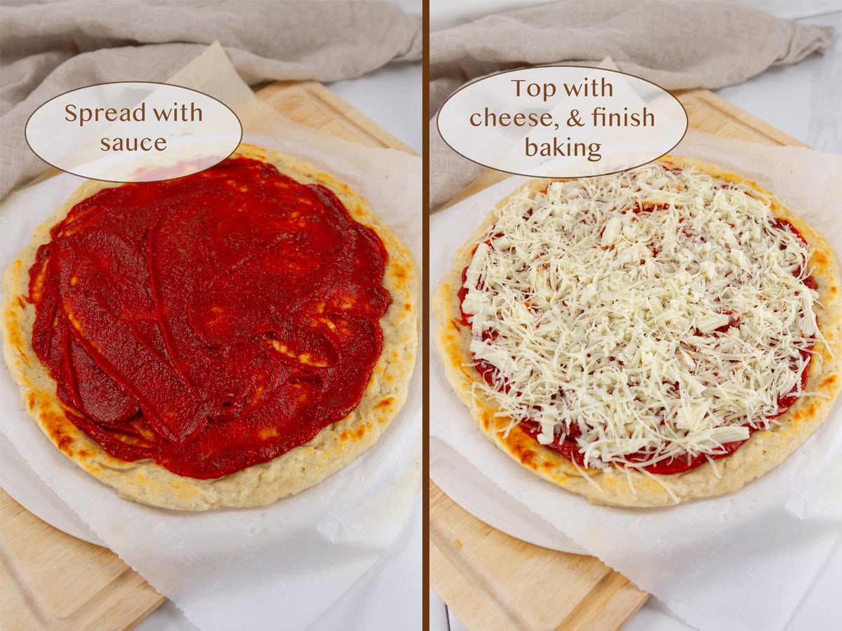 pizza with sauce on left and with cheese on right.