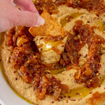 square crop of dipping a pita chip into hummus.