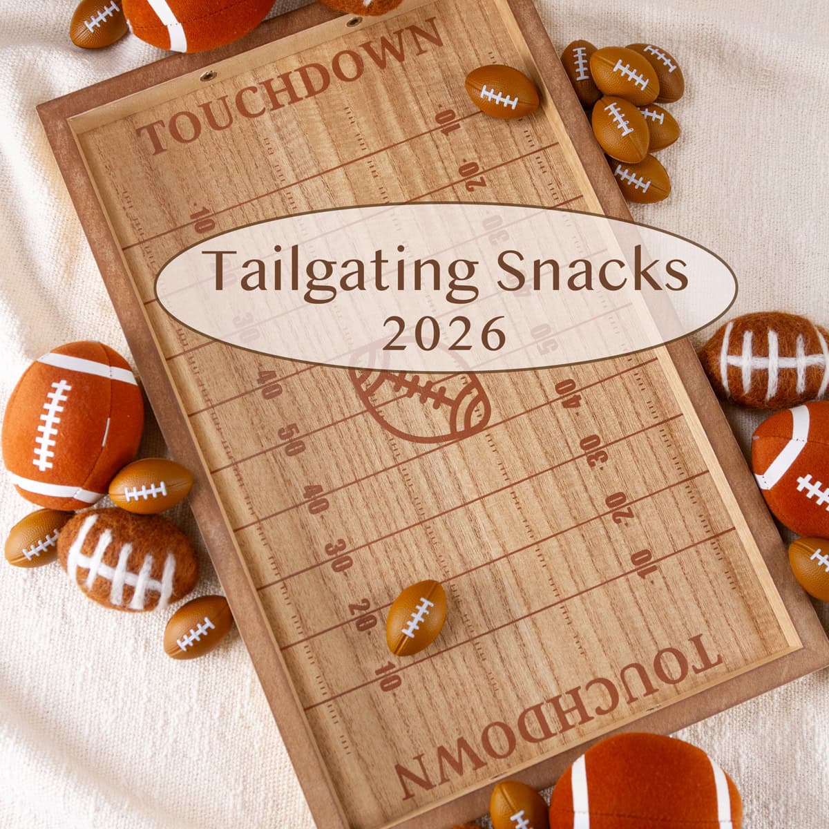 square crop of a wooden tray with touchdown and football field markings on it and footballs around it.