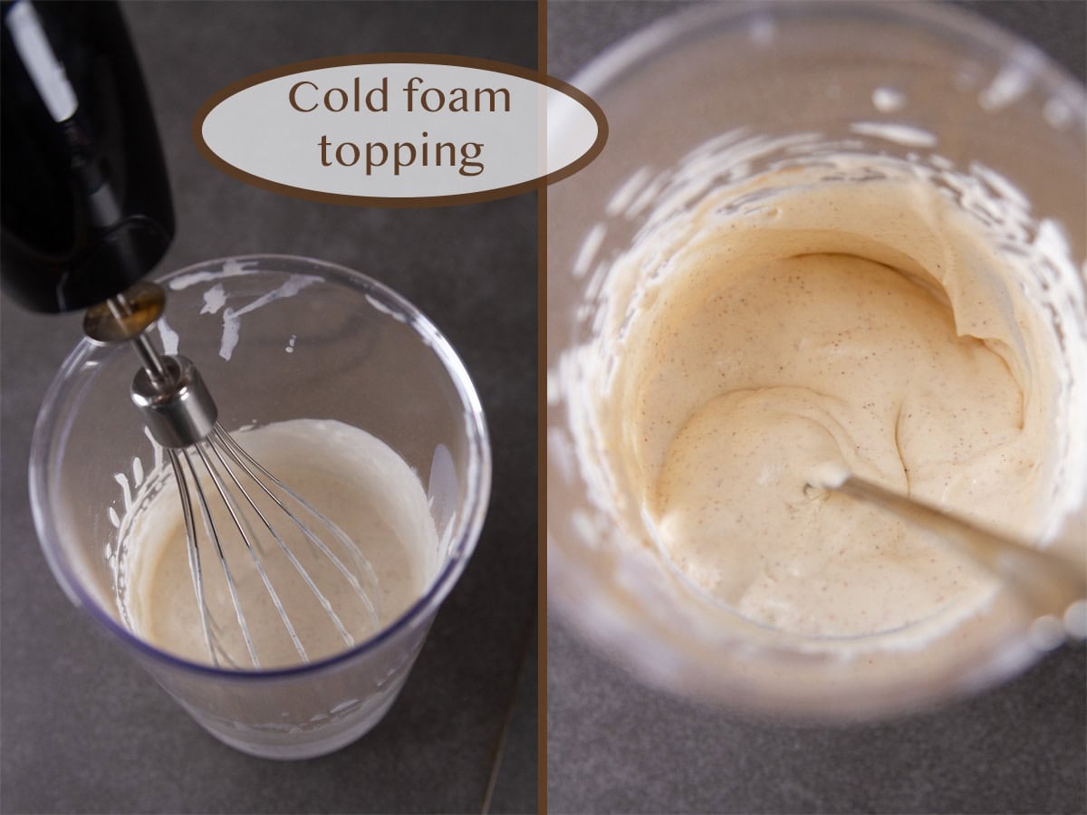 on left, a container with a whisk in it making cold foam and on right the completed cold foam.