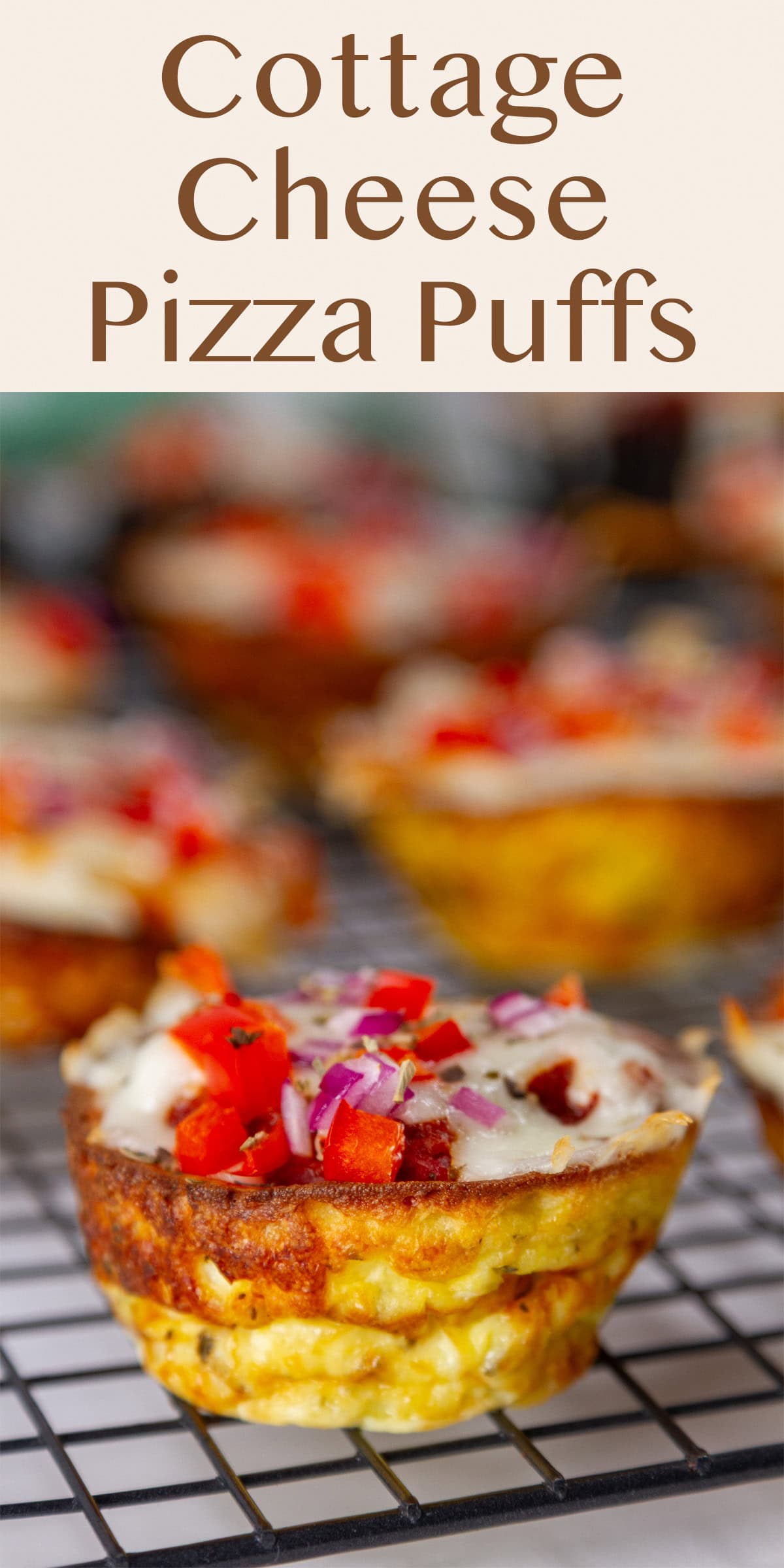 pizza puffs on a wire rack, title on top.
