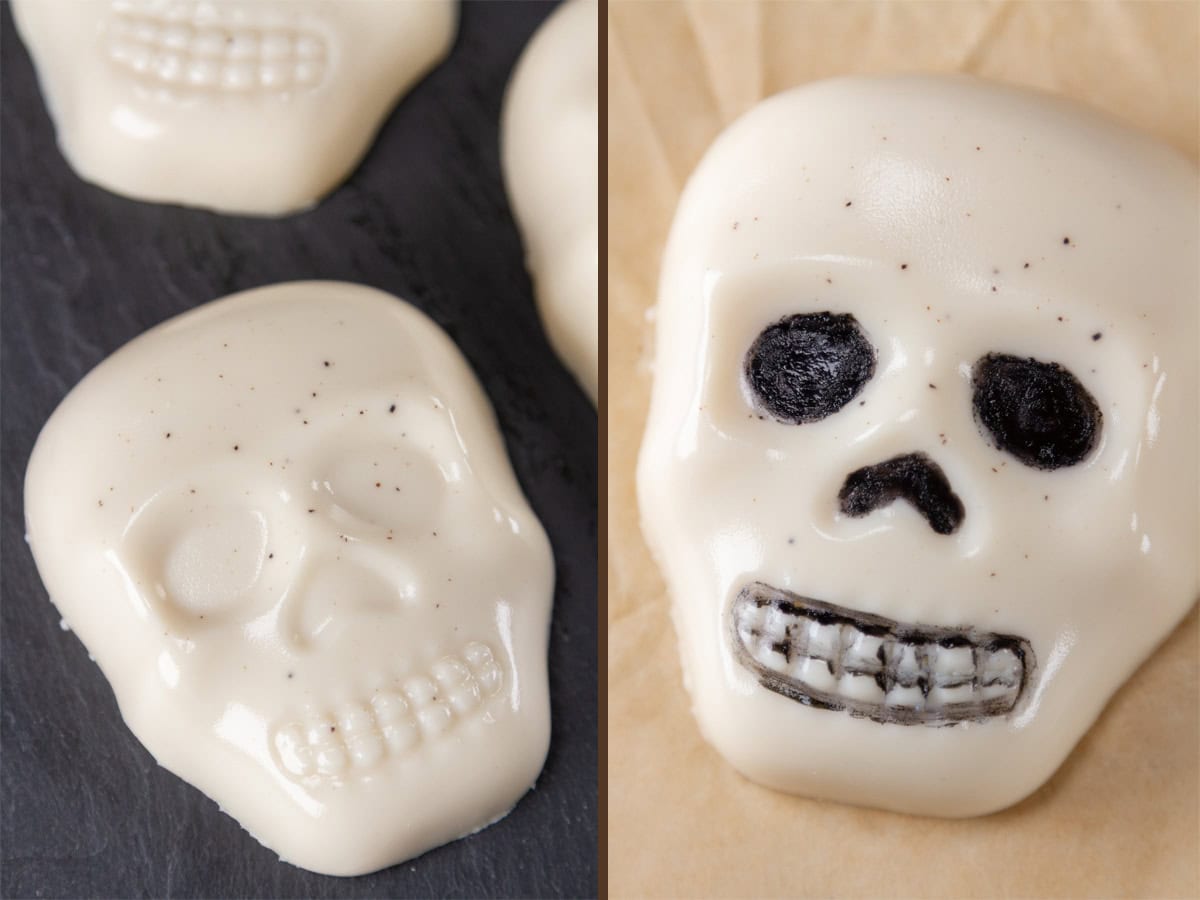 gelatin skulls with no ink on the left and with darkened eyes and features on the right.