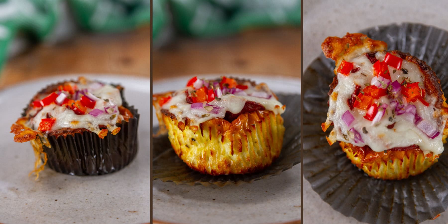a pizza puff baked in a paper muffin cup liner.
