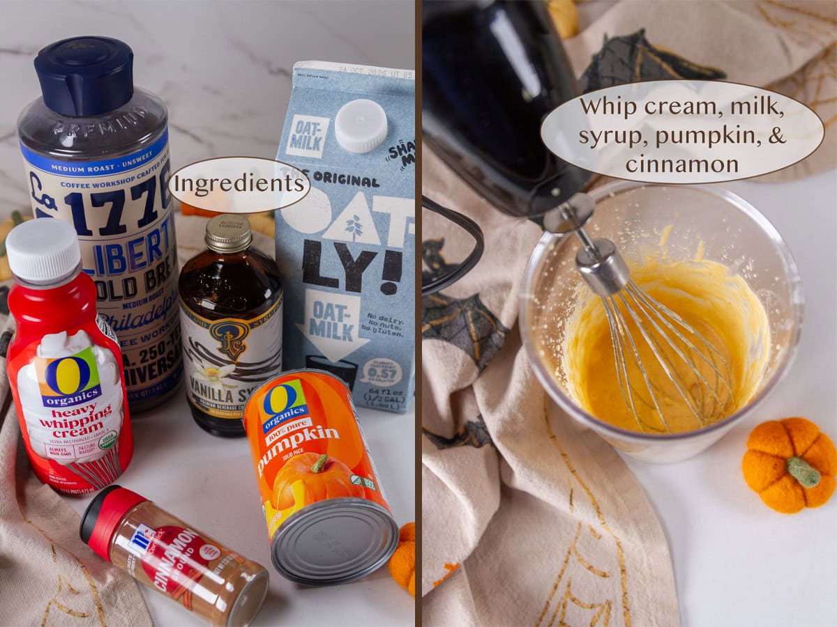 ingredients on left and whipping cold foam on right.