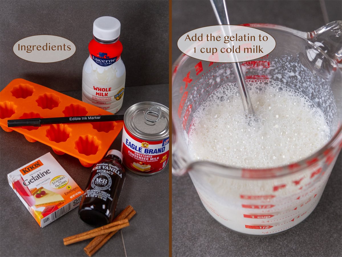 ingredients on left and milk and gelatin mixed together on right.