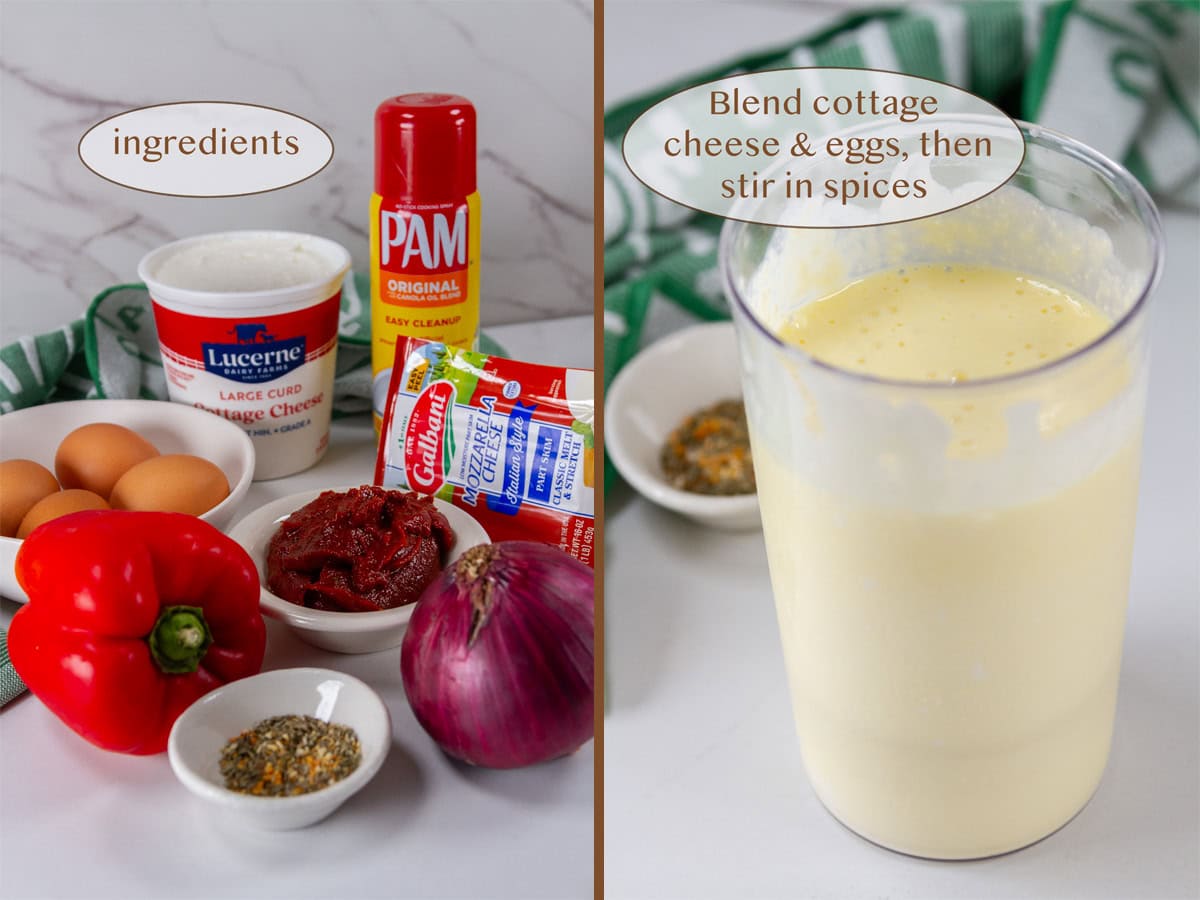 ingredients on left and blended mixture on right.