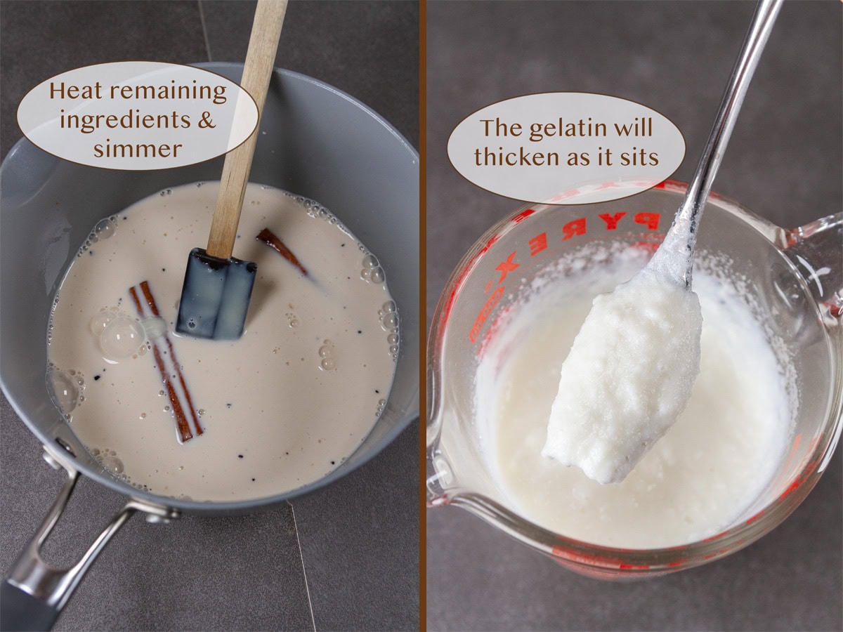 mixing the remaining ingredients in a pan on left and bloomed gelatin on right.