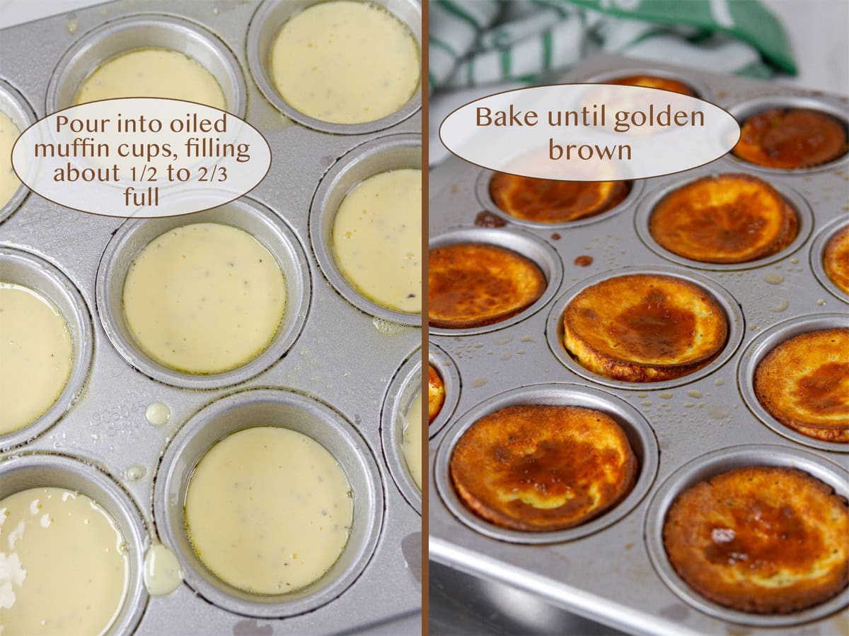 cottage cheese mixture poured into muffin cups on left and baked on right.