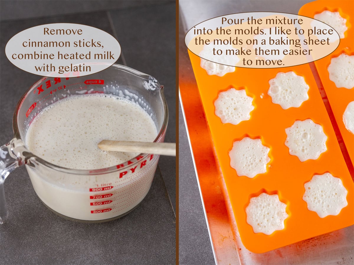 the completed gelatin mixture on left and poured into molds on right.