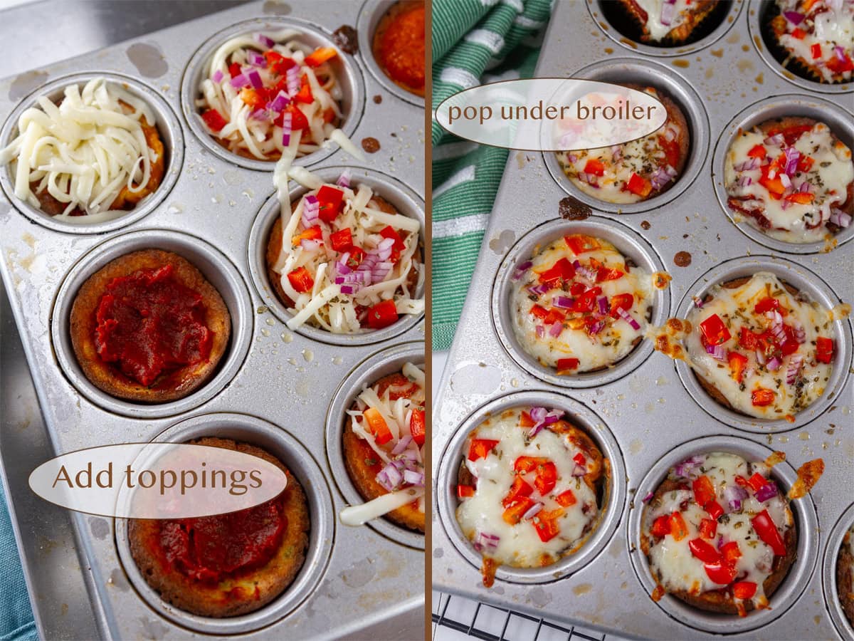 topping the crusts with pizza toppings on left and baked up on right.