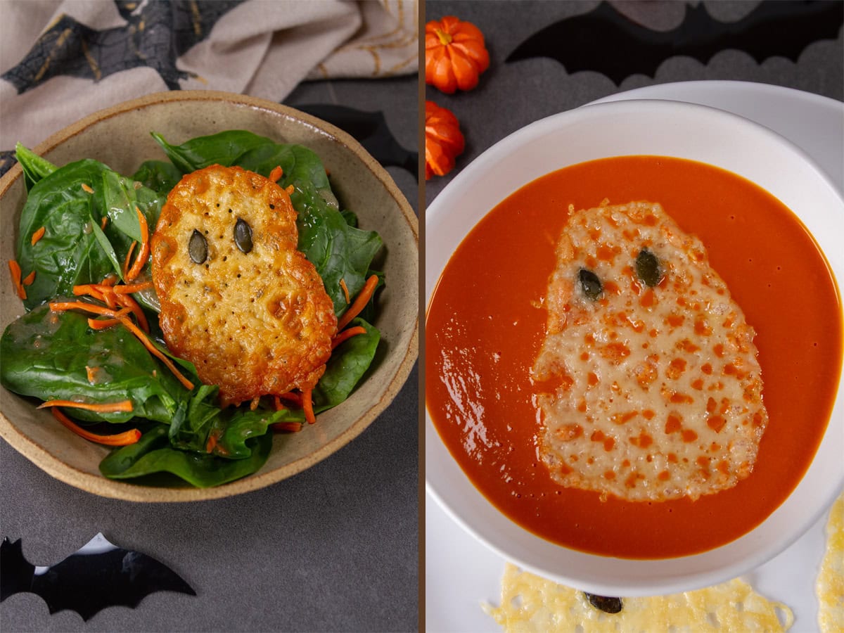cheese crisp ghost on salad on left and on soup on right.