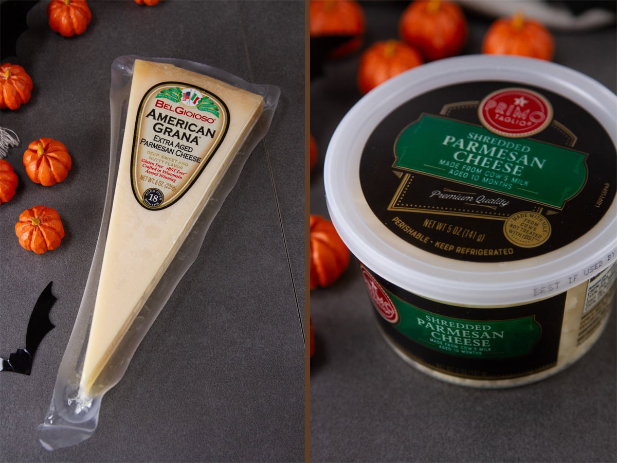 a brick of Parmesan on the left and pre-shredded in a plastic tub on right.