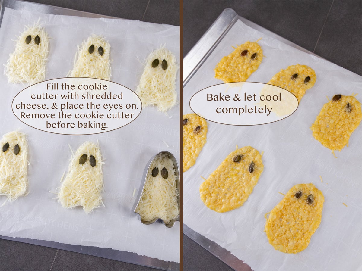 making cheese crisps into ghost shapes on left and after baking on right.
