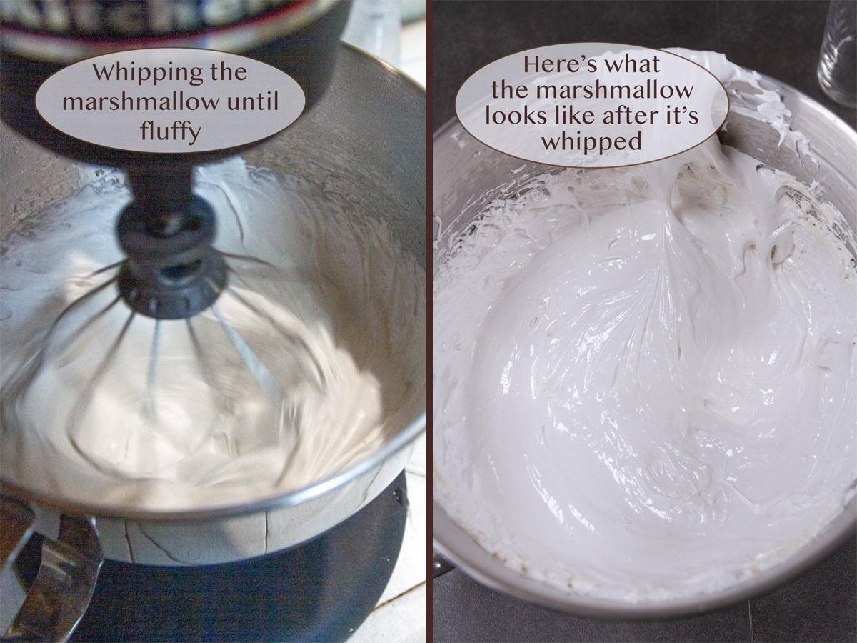 whipping marshmallow in a stand mixer on left and the finished marshmallow on right.