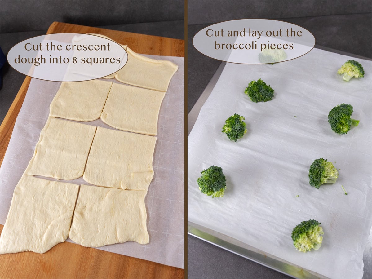 cutting the dough on left and the broccoli florets on a baking sheet on right.