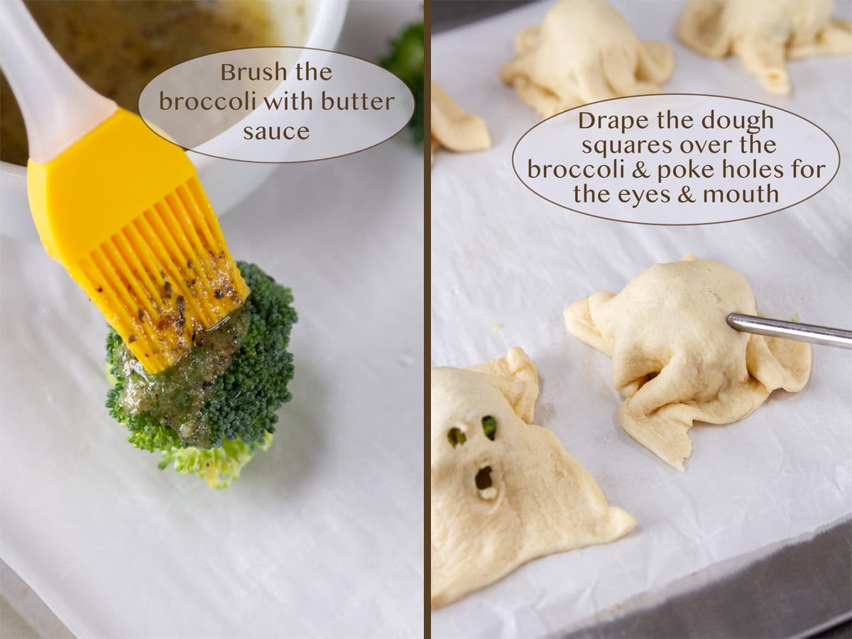 brushing the broccoli with butter on left and shaping the ghosts on right.