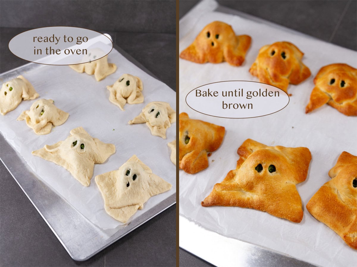 ready to bake ghosts on left and after baking on right.